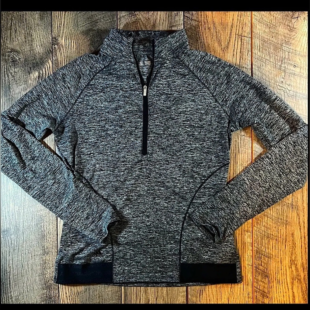 ADIDAS Pullover Womens Small Gray Black Space Dye 1/4 Zip Thumb Holes Sweatshirt